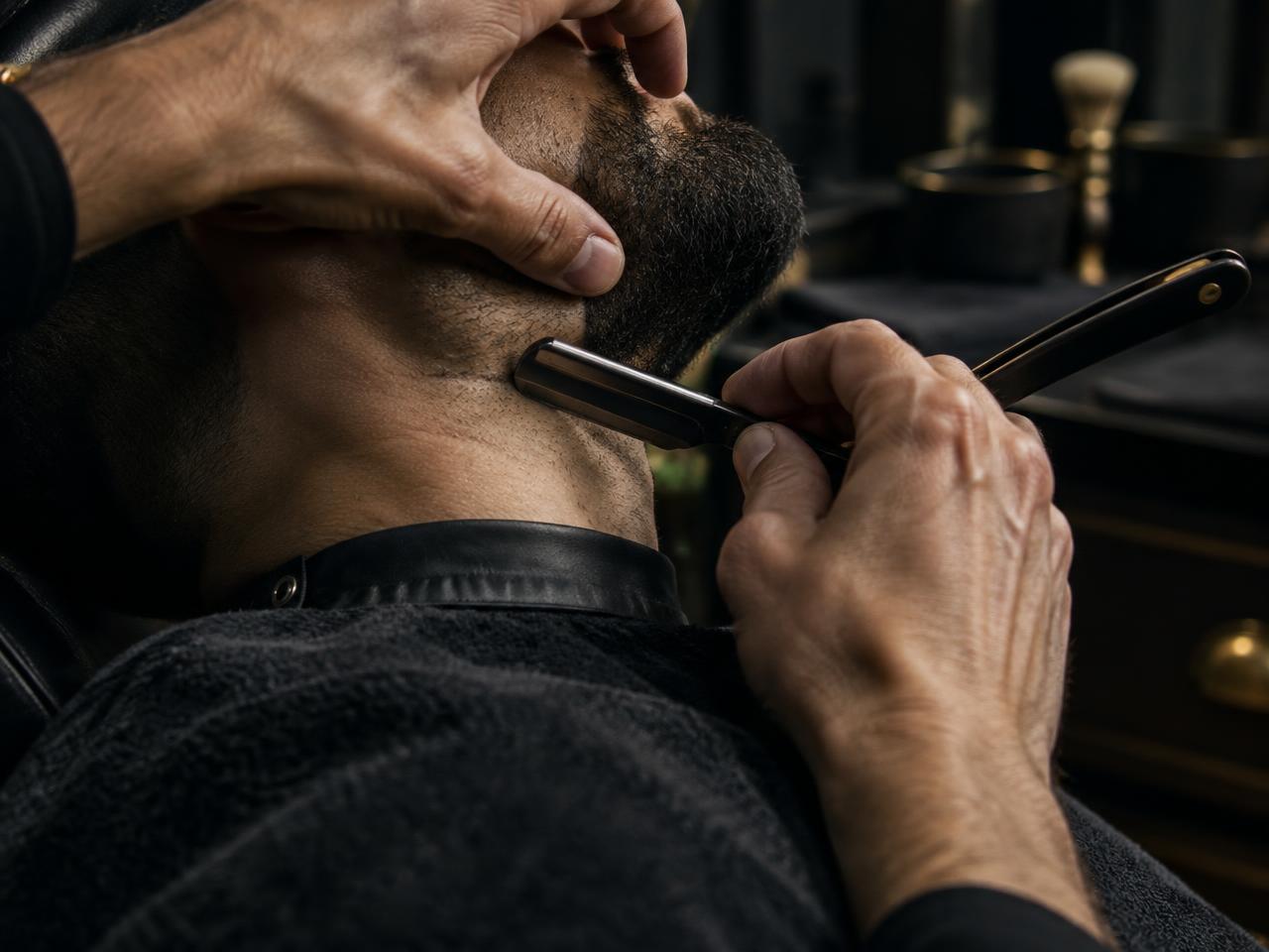 Close-up of careful beard line detailing with a straight razor
