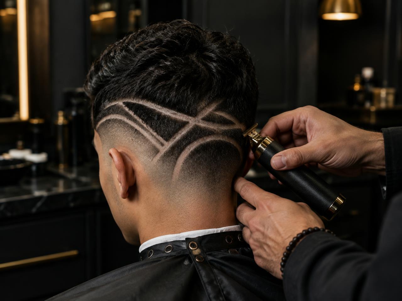 An intricate freestyle hair design being finished with trimmers